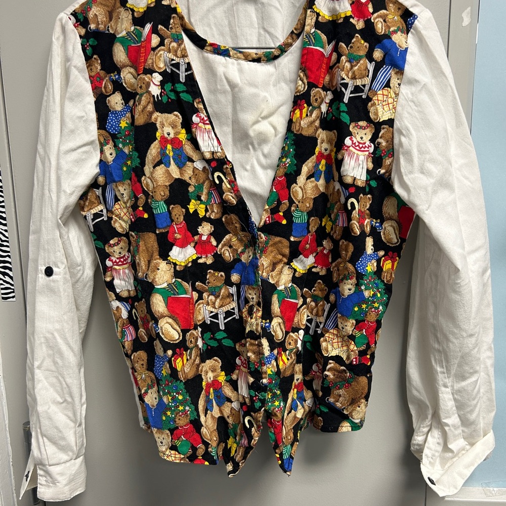 Festive Teddy Bear Vest with White Sleeves